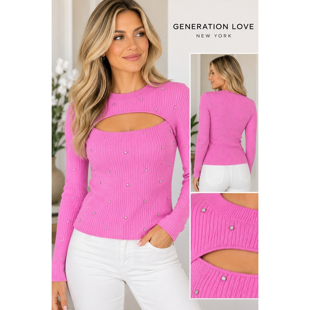 Generation Love Pink Wool Cashmere Rhinestone Cutout Ribbed Sweater XL